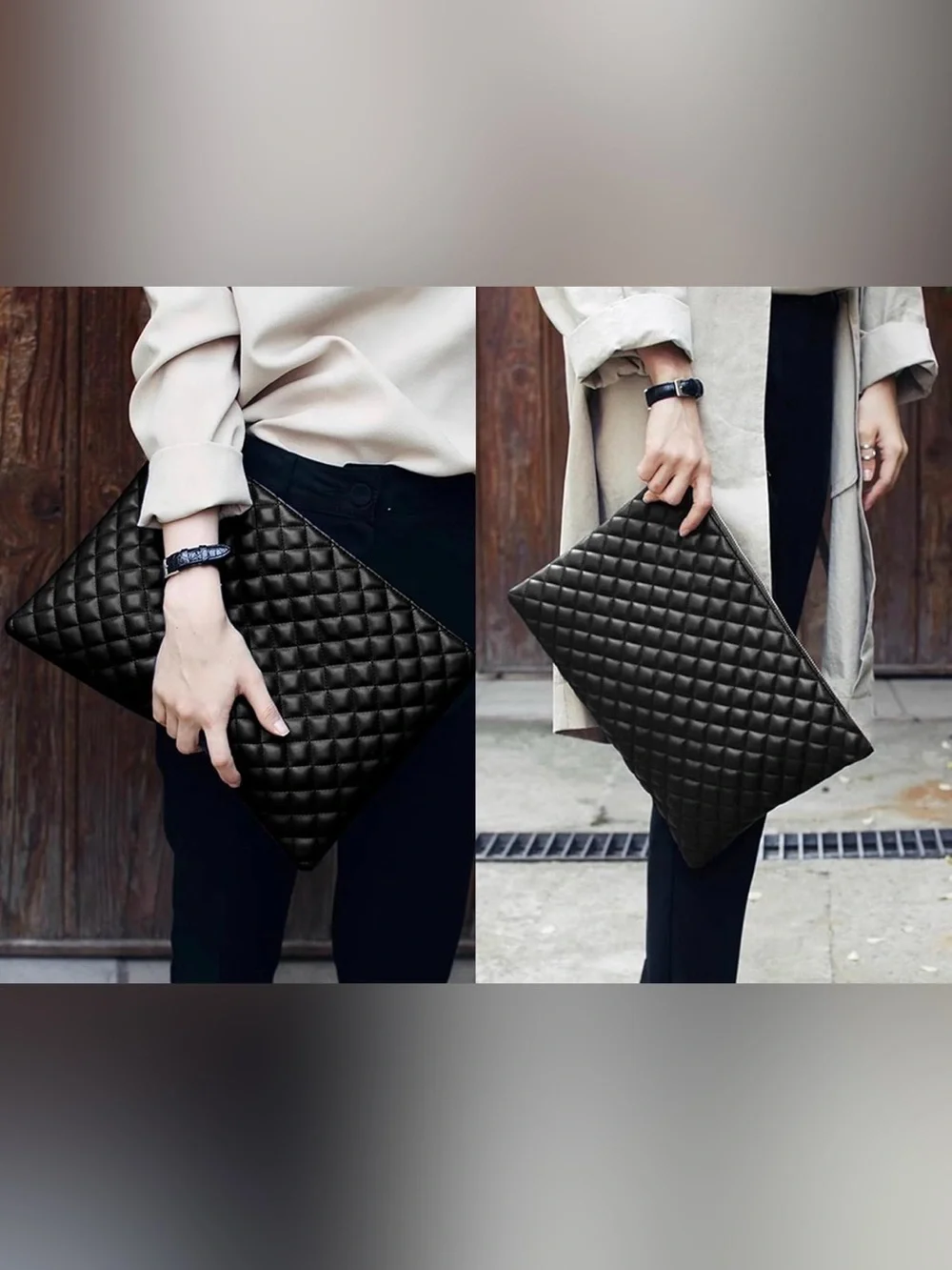 Genuine Lambskin Quilted Oversized Clutch Bag Black Large Handheld iPad laptop